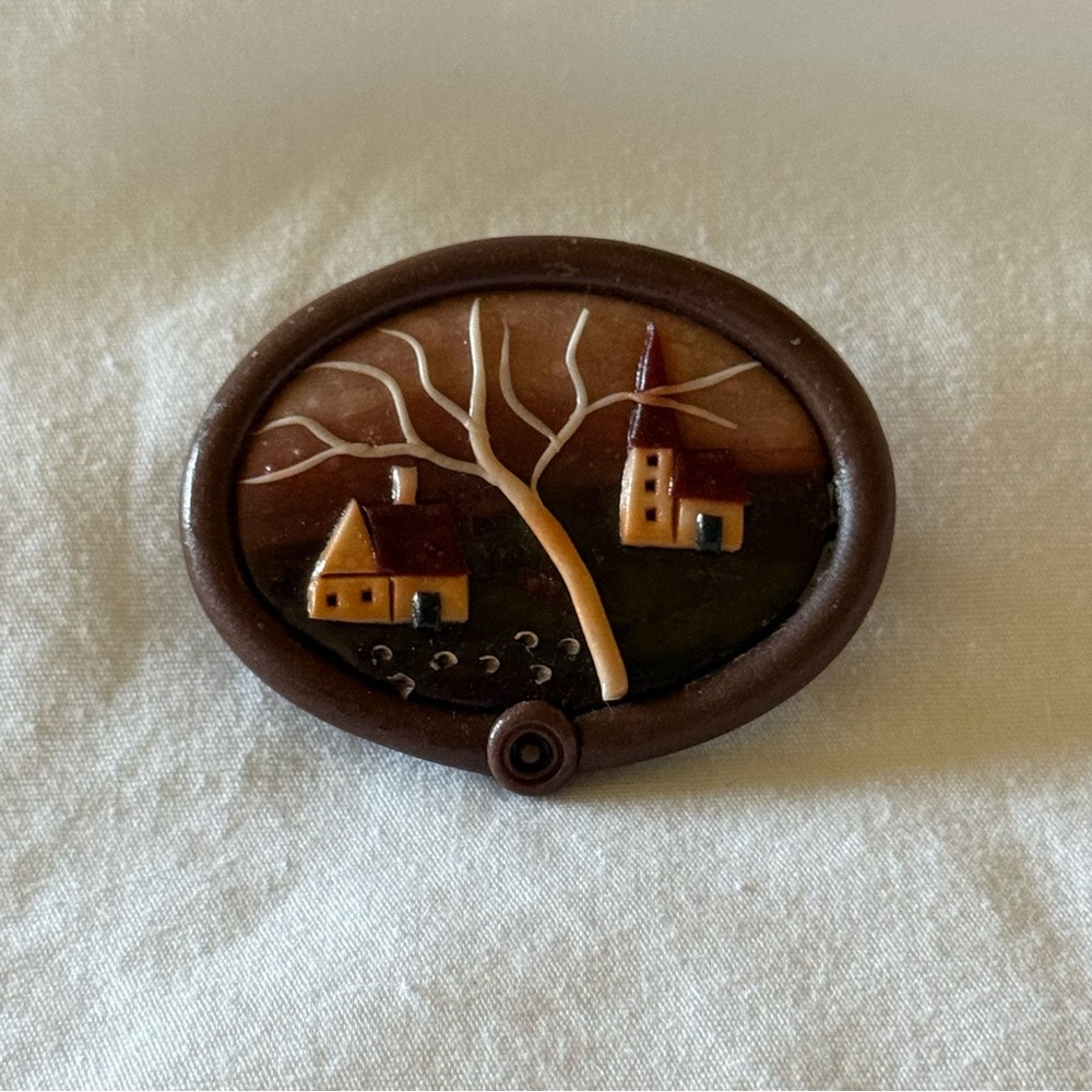 Vintage Brown Oval leather Brooch with Tree and House Design